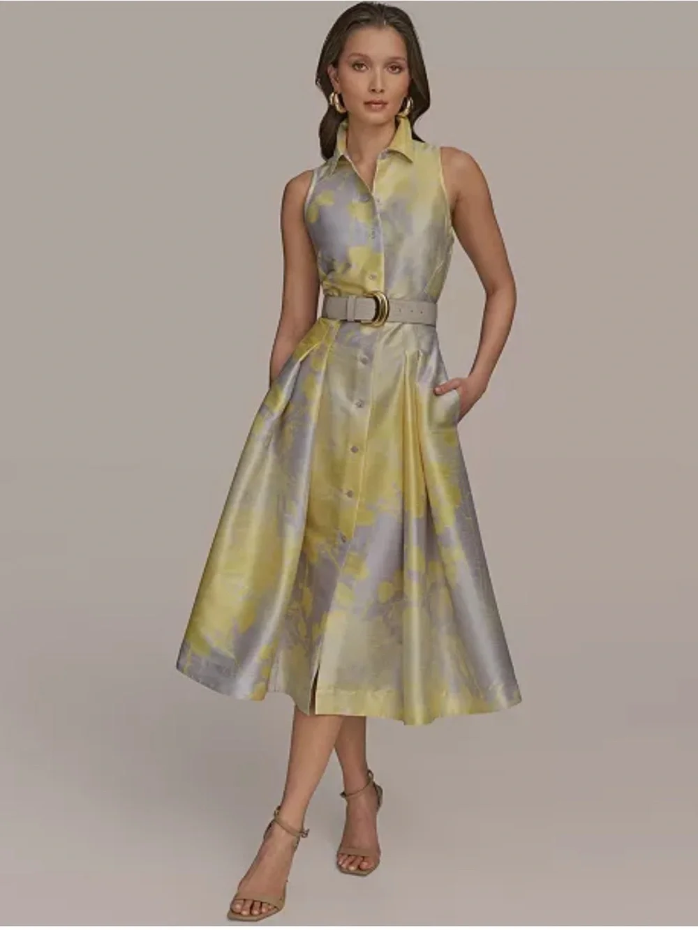 Donna Karan Yellow and Silver Floral Sleeveless Midi Dress - Picture 5 of 8
